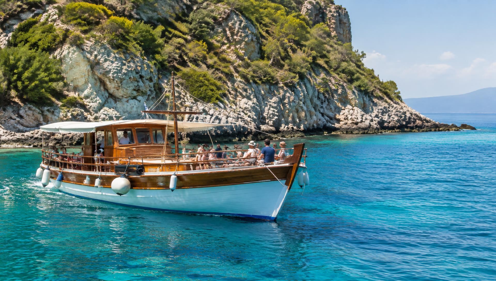 Traditional wooden boat cruising turquoise Greek waters