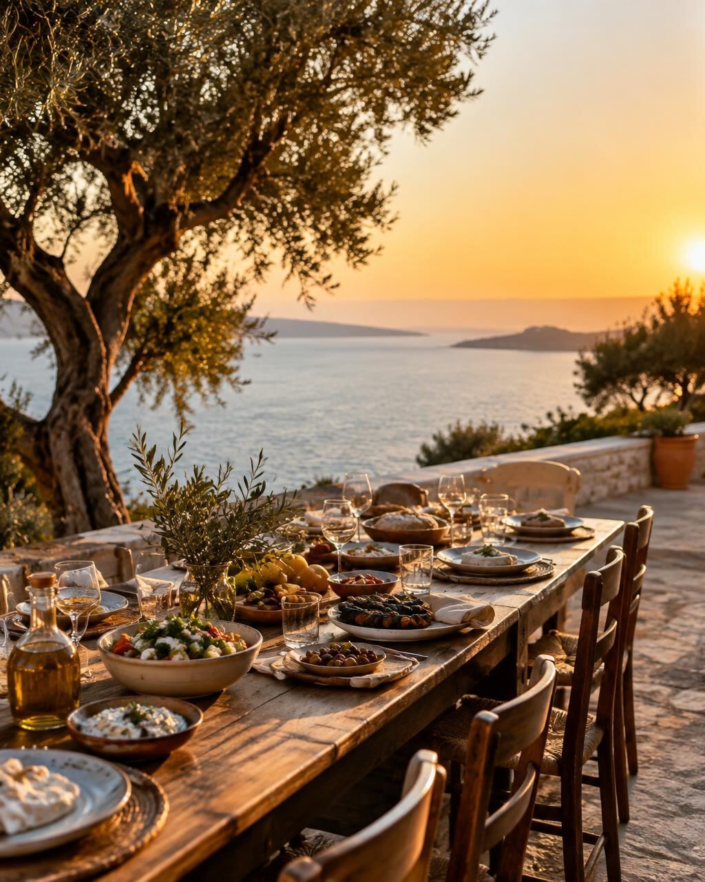 A long table set with Greek dishes on a seaside terrace at sunset