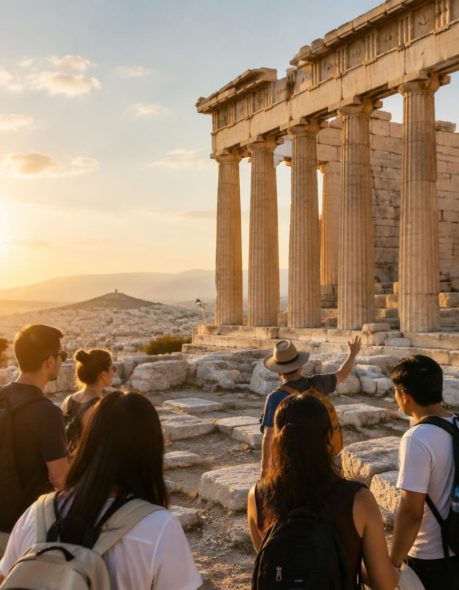 Students on a guided tour beside ancient Greek temple columns